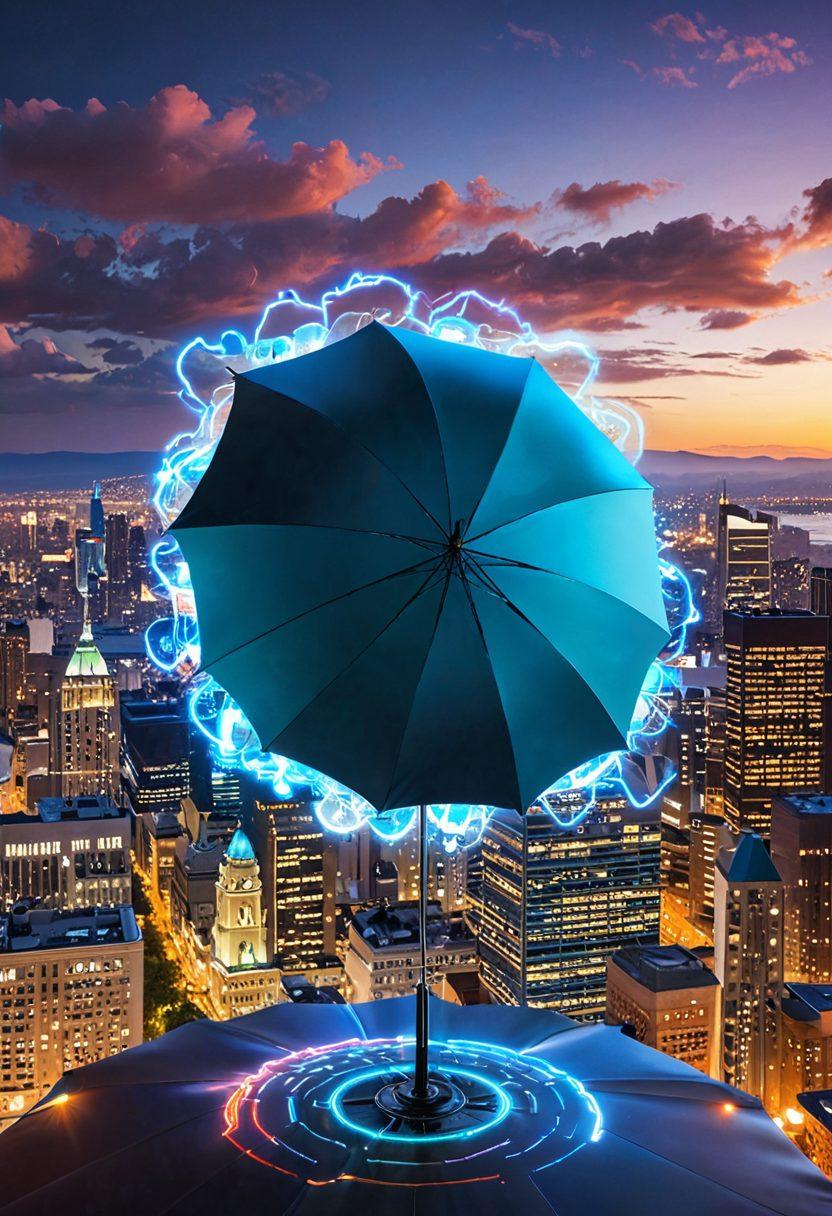 A dynamic scene featuring a glowing battery shield, representing protection, with an umbrella made of insurance documents hovering above it. In the background, a city skyline symbolizes technology and progress. Surrounding elements like gears and checkmarks illustrate coverage and security, conveying a sense of vigilance and reliability. The colors should be vibrant and engaging, evoking a sense of empowerment and safety. digital artwork. vibrant colors. urban background.
