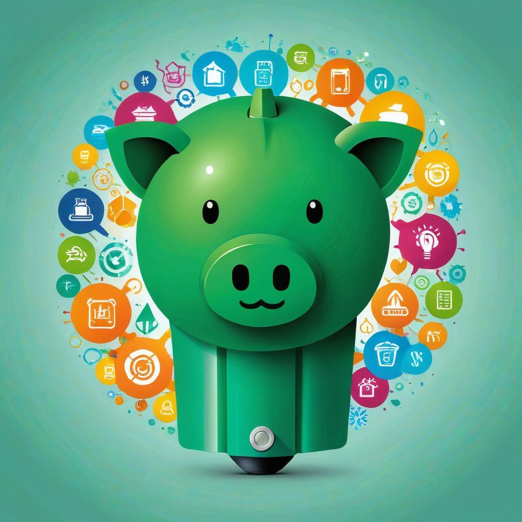 A dynamic composition featuring a vibrant battery icon symbolizing energy savings, intertwined with symbols of consumer insurance services like a shield or umbrella. In the background, showcase elements of affordability, like a price tag or piggy bank. Incorporate a green color palette to reflect sustainability and savings, infusing the scene with a sense of optimism and innovation. Create an engaging and modern tech feel. vector art. vibrant colors.