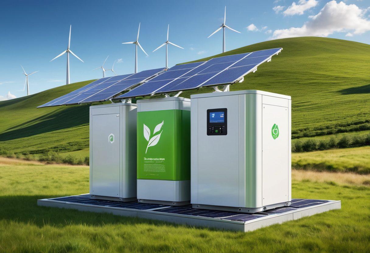 A modern energy storage unit emphasizing battery coverage, with an illustration of solar panels and a shield symbolizing protection around the batteries. The background features vibrant green hills under a clear blue sky, depicting sustainability and innovation. Incorporate icons representing various energy sources to symbolize efficiency. super-realistic. vibrant colors. white background.
